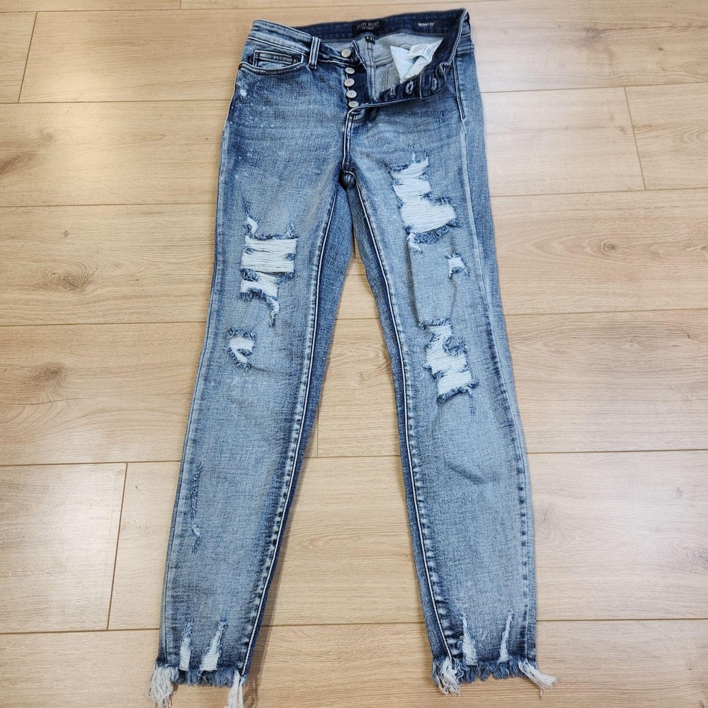 Judy Blue Skinny Jeans Womens 5/27 Light Wash Distressed Fringe JB82311LT-CO